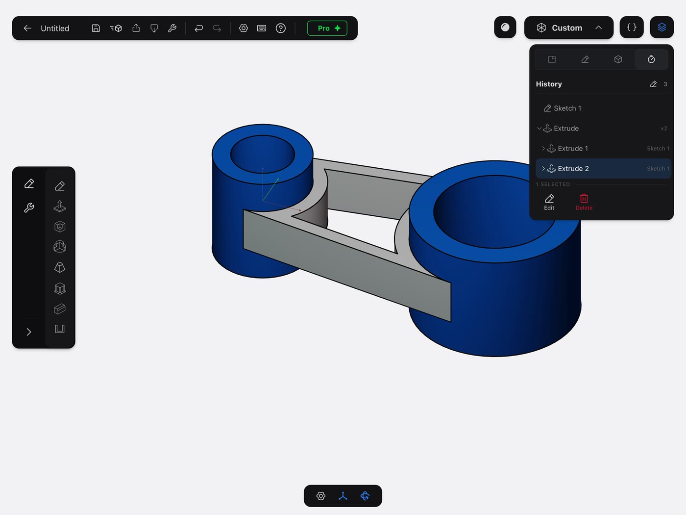 The History panel with an Extrude selected for editing