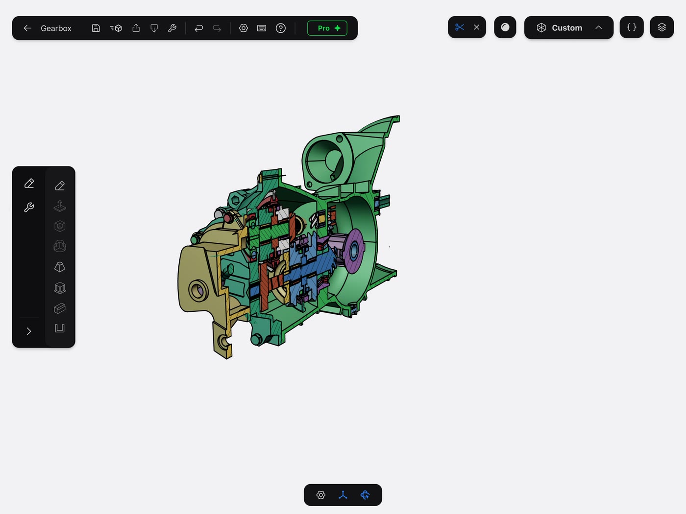 A section plane cutting through a gearbox assembly